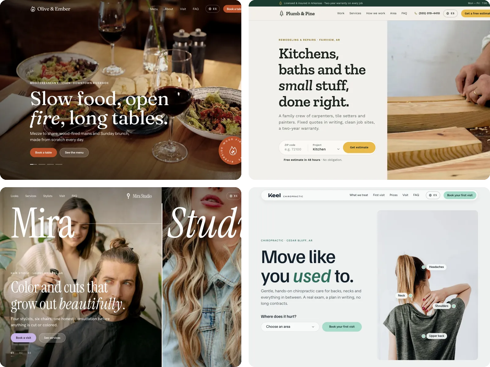 Four sample websites we built: a restaurant, a remodeling company, a hair salon and a chiropractor